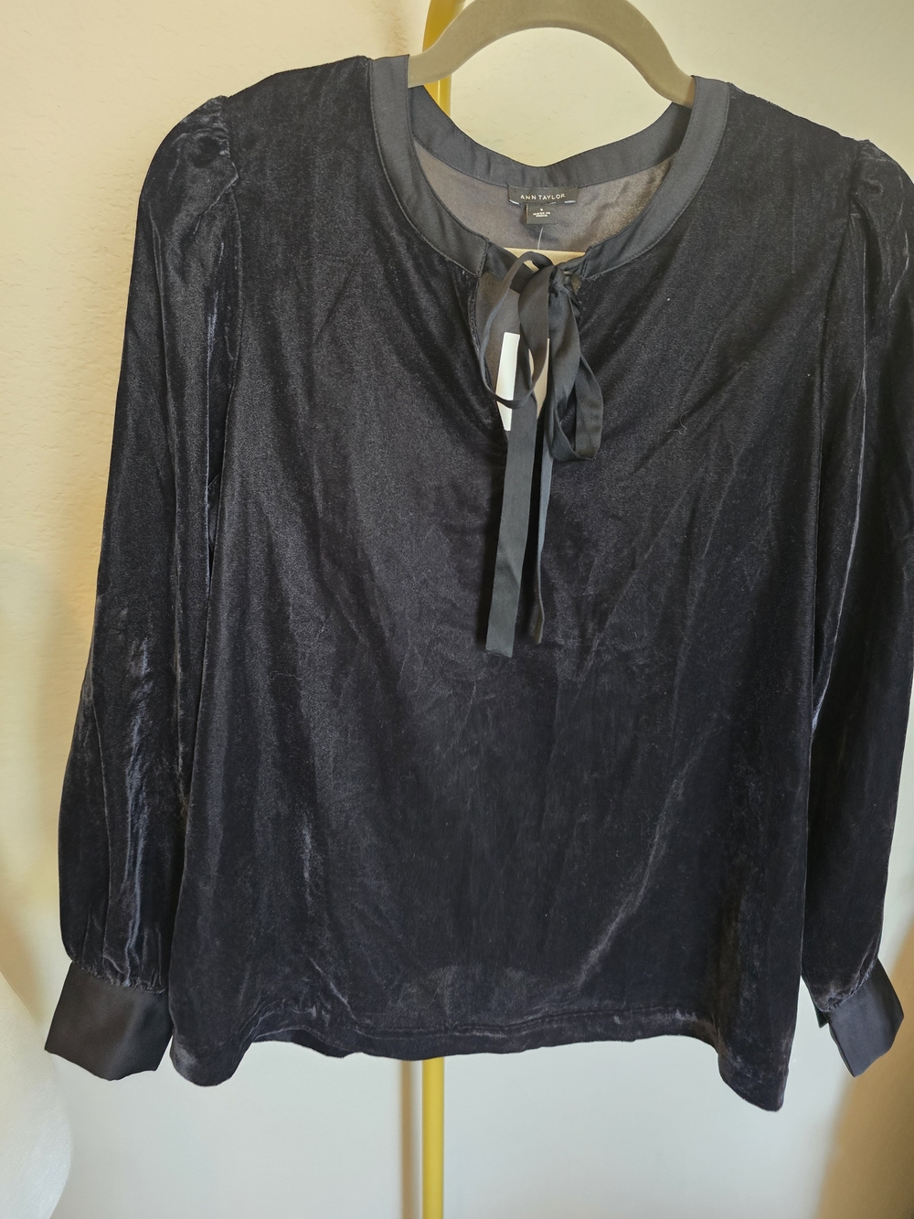 Ann Taylor Black Velvet Tie-Neck Long Sleeve Top